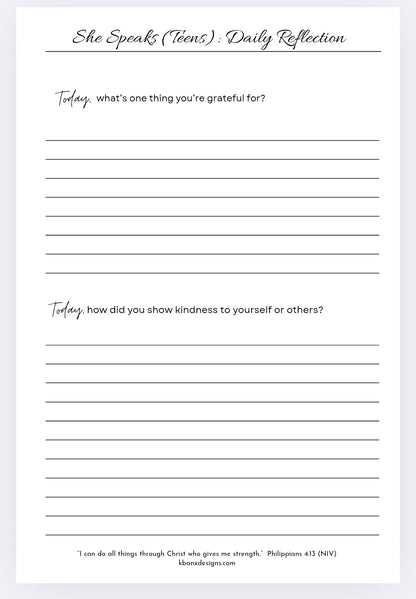 She Speaks TEENS 💚💓💙💜Daily Reflection Journal